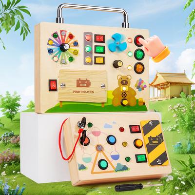 Holz Sinnes-Beschäftigungsbrett Montessori Spielzeug Kinder Schalter Steckdose Knopf Elektronischer LED Lichtschalter Denkspiel Kleinkind Sinne