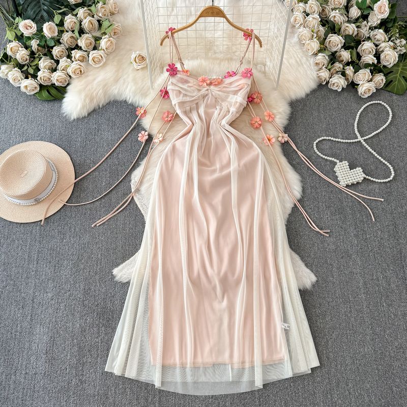 

French style High Sense Mesh Patchwork Sling Dress Women Summer New Temperament Waist Hugging Slimming A- line Length Skirts Apricot S