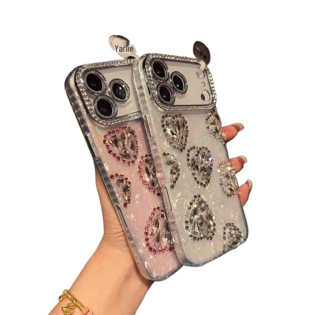 Luxury Heart Shell Rhinestone Case for iPhone 17 Pro Max - 16 Heart Design, Precise Fit for Women