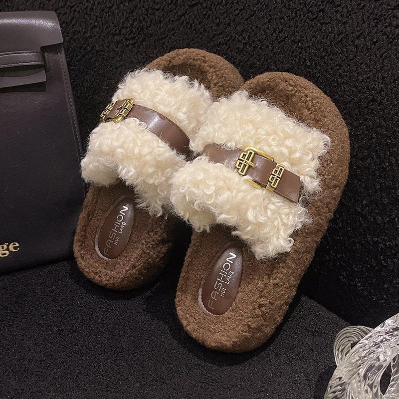 Curly Hair Thick-soled Fluffy Slippers Women's 2025 Autumn and Winter New Outer Wear Korean Version Slippers Soft Bottom One-word Cotton Slippers