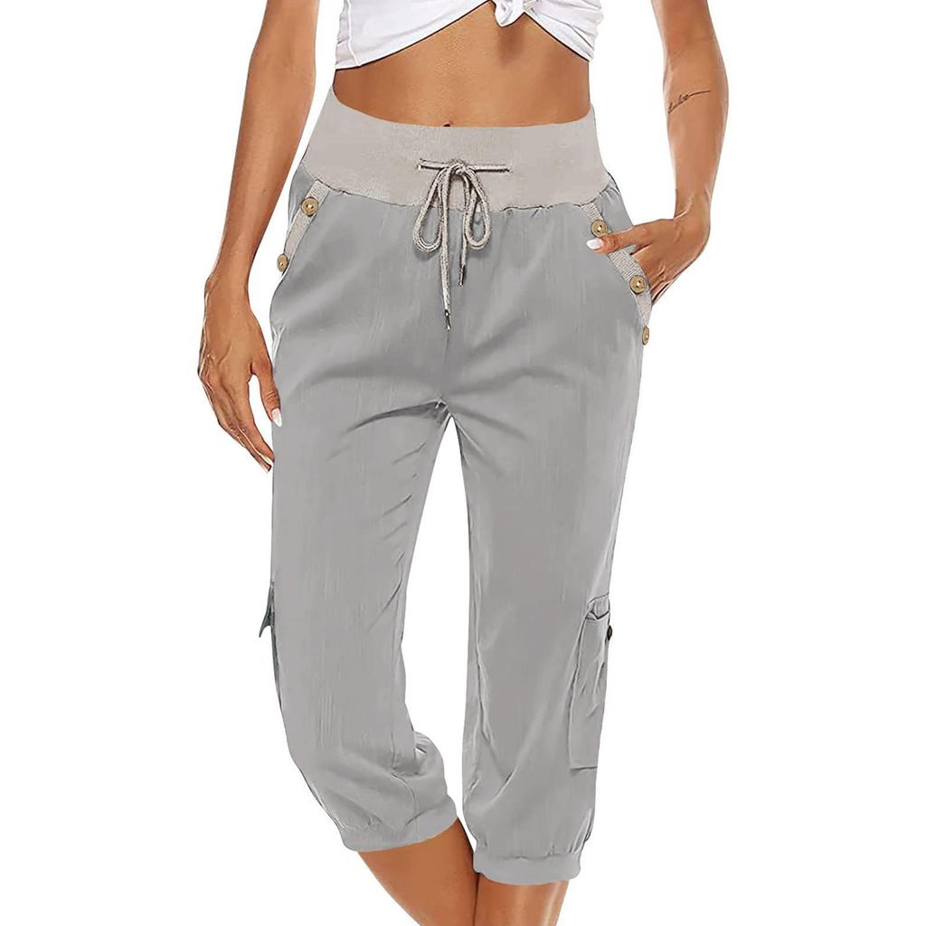 Women's Elastic Waist 3/4 Pants With Pockets Cotton Linen Casual Loose Solid Yoga Trousers Jogger Pants