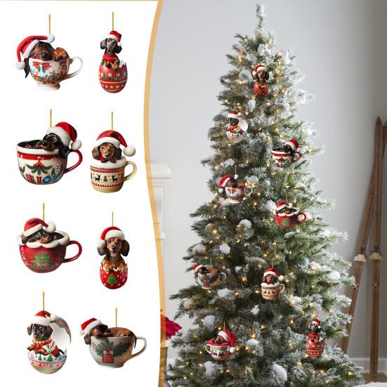 Dachshund Christmas Ornament Puppy In Mug Christmas Tree Ornament 2D Acrylic Dachshund Hanging Decor Gifts for Dog Lovers