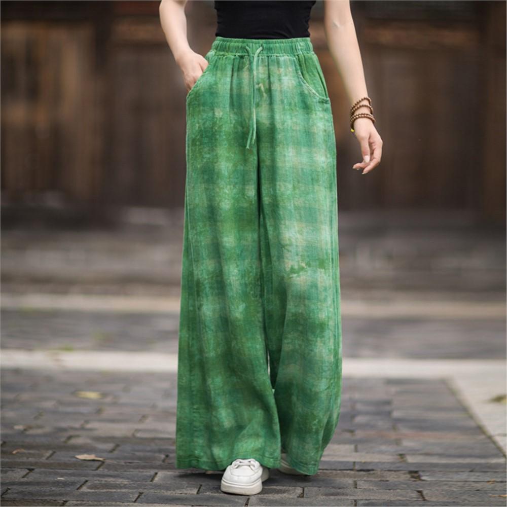Johnature Women Vintage Wide Leg Pants Elastic Waist Loose Autumn Trousers 2025 Soft Female Long Pants
