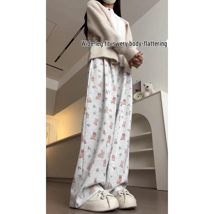 Women's Korean Style Cartoon Puppy Print Straight-Leg Pants - Cute, Versatile Casual Wear for Spring & Autumn 2025