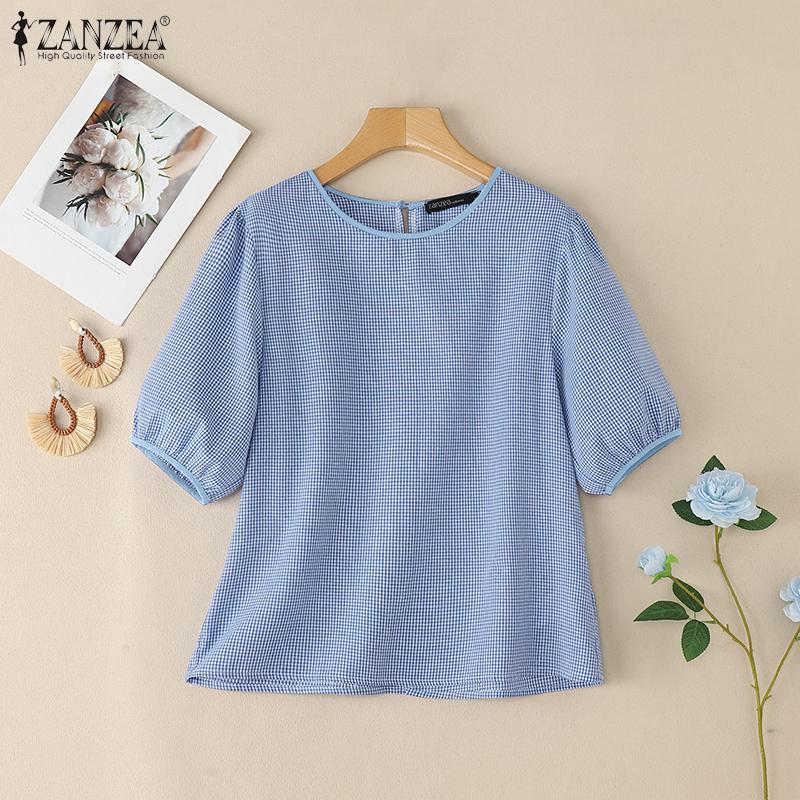 

ZANZEA Women Casual Round Neck Grid Print Summer Short Sleeve Blouse M