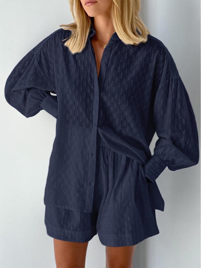 Summer Women's Jacquard Puff Sleeve Cardigan & Shorts Two-Piece Set - 2025