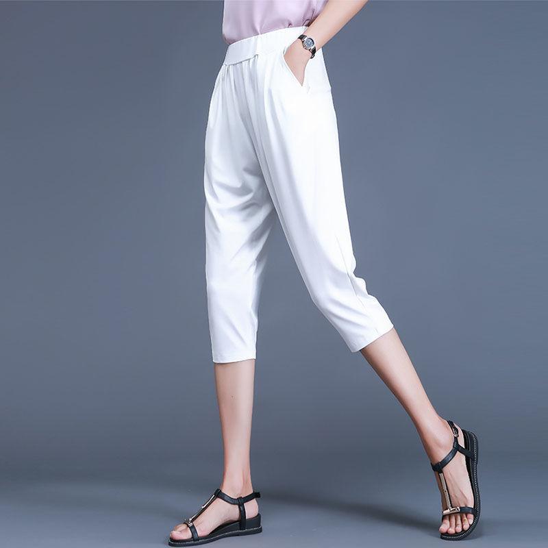 

Летние тонкие шаровары женские плюс полные большие размеры свободные укороченные брюки с узкой талией M