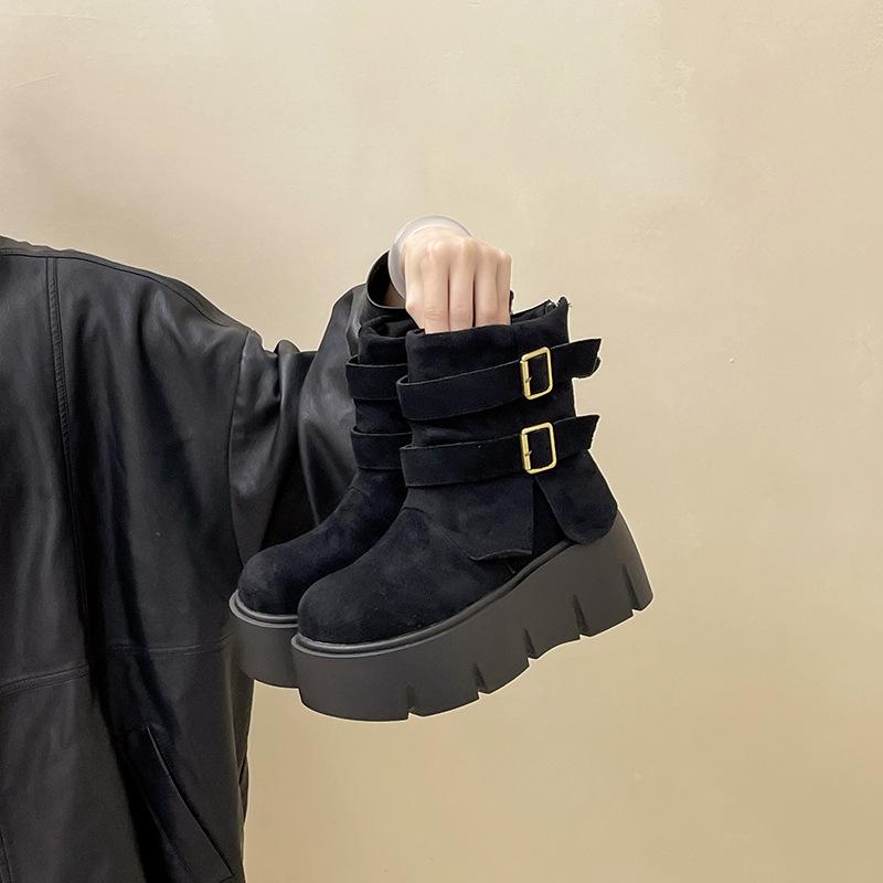 Retro thick-soled one-word buckle slim short boots with coat Martin boots 2025 autumn and winter suede boots women's fashion boots
