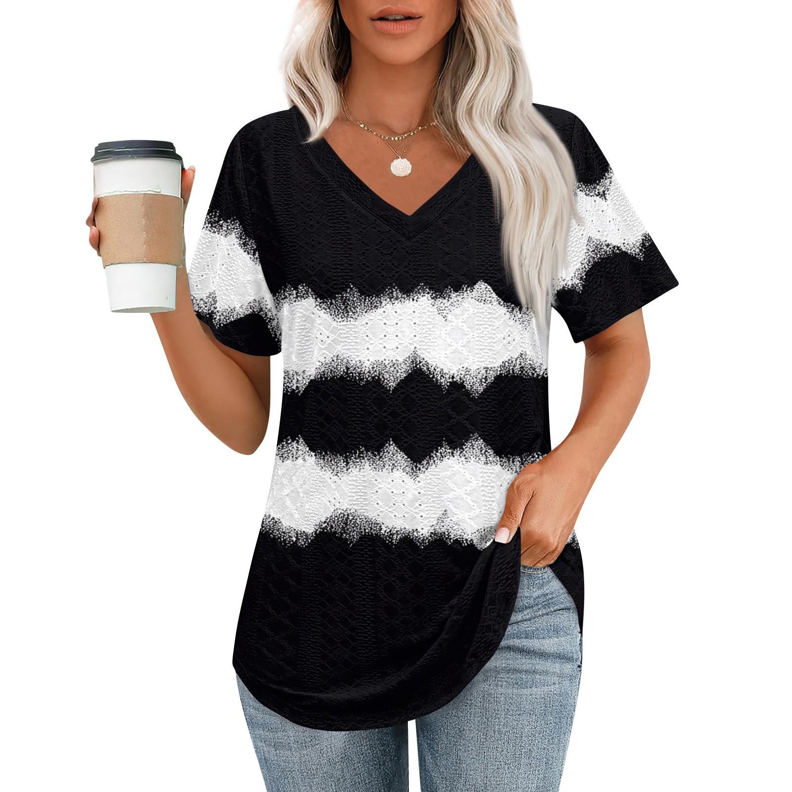 

Жіночі футболки з V-подібним вирізом і короткими рукавами, повсякденні топи вільного крою Базові футболки з вигнутим подолом L чорний