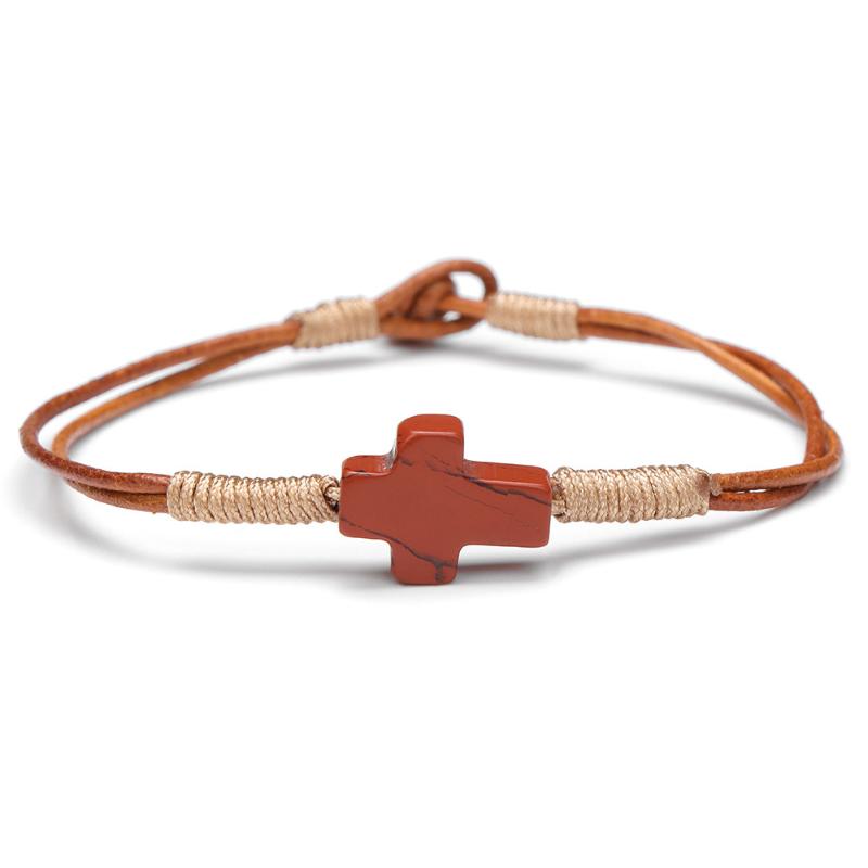 

Handmade Coffee Color Leather Rope Bracelet Natural Red Stone Cross Shape Accessory Bracelet Gift For Friend Women Men F