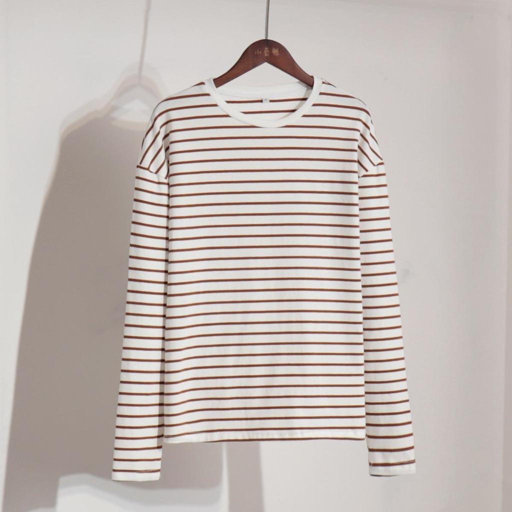 Casual Women's Long Sleeve Round Neck Striped Cotton Top for Spring Fashion Versatile T-shirt America and Europe