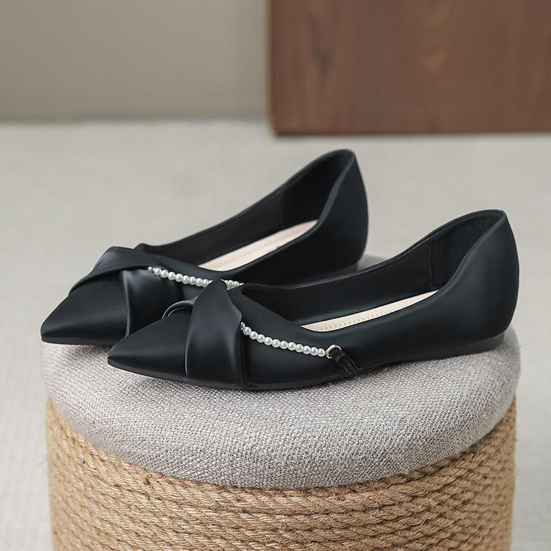 Huiliya chaussures pointues simples nouveau cuir souple semelle souple perle bouche peu profonde doux semelle plate vent féerique chaussures pour dames D833-387