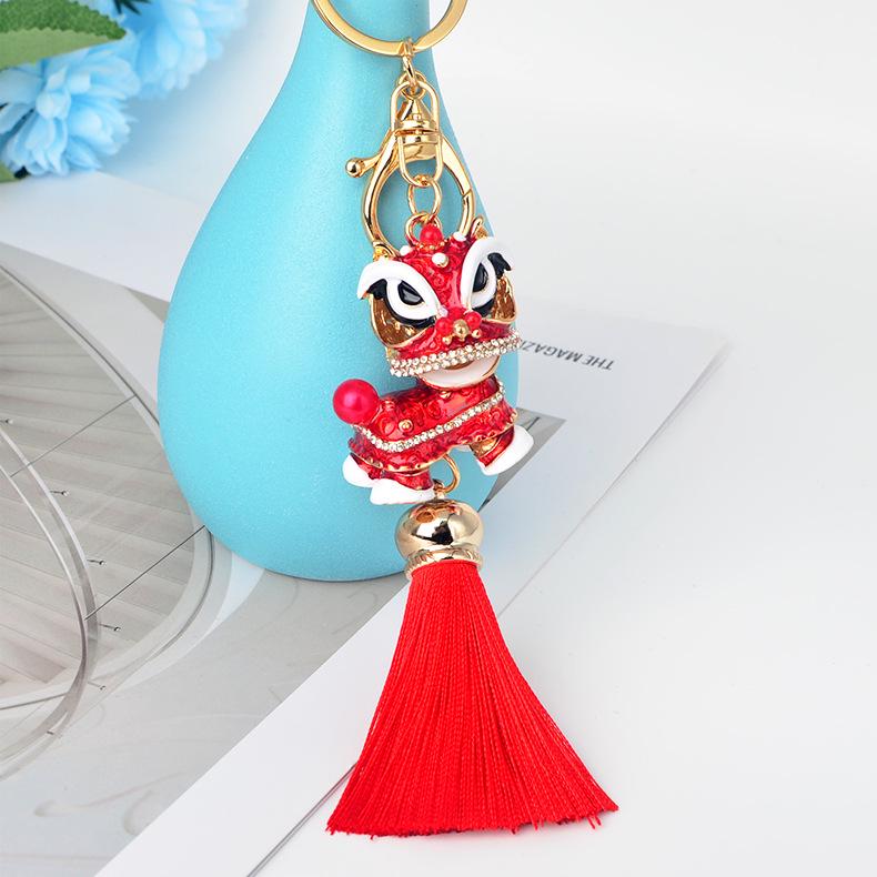 Chinese Red Tassel Dancing Lion Keychain with Rhinestone Charm