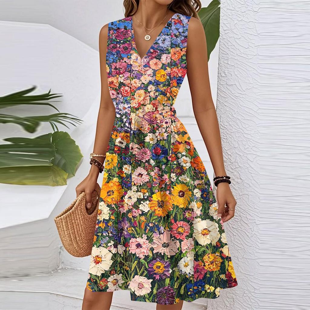 Abito Midi da Donna Casual Primaverile Estivo con Scollo a V Senza Maniche in Vita con Stampa Floreale