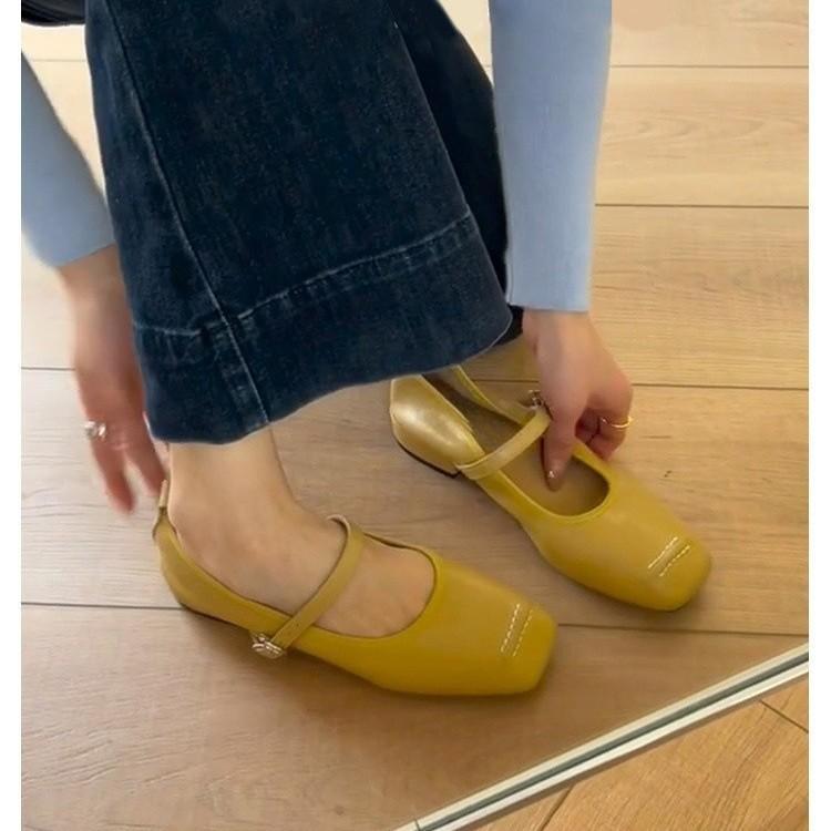 Square Head One-word Buckle with Mary Jane Shoes Women's New Soft Leather Yellow Retro Flat Shoes