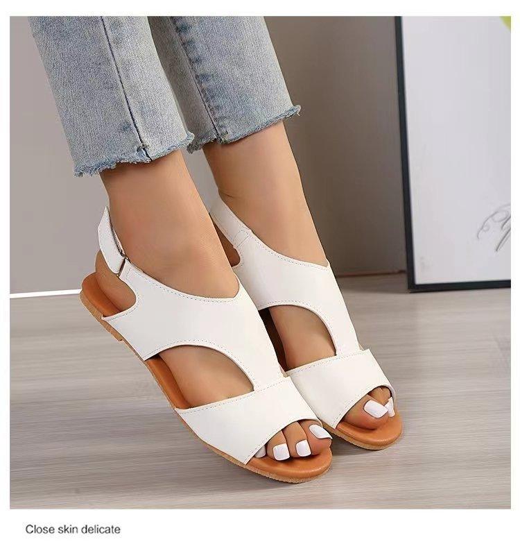 One-word Buckle Sandals Women's 2025 Spring New Large Size 43 Sandals Flat Round Head Beach Women's Sandals