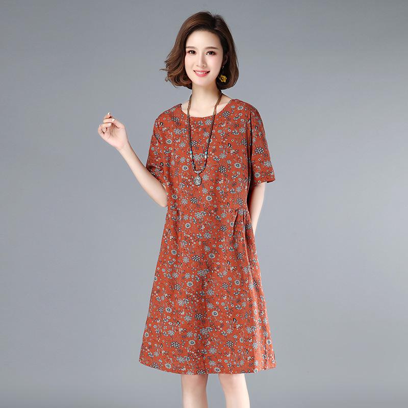 2025 Women's Summer Floral Cotton-Linen Mid-Length Slimming Dress