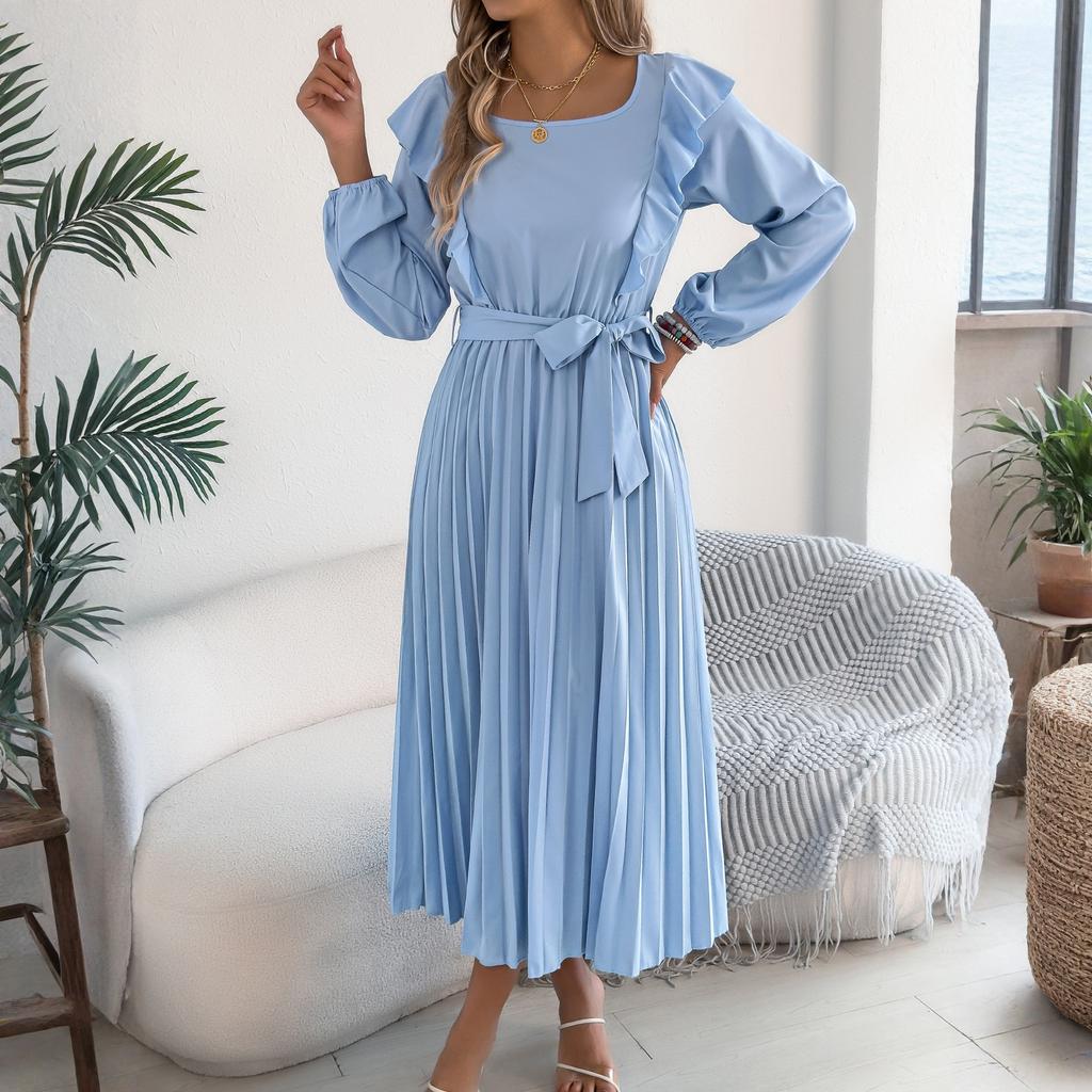 Dámské jednobarevné módní šaty s klopou a dlouhým rukávem