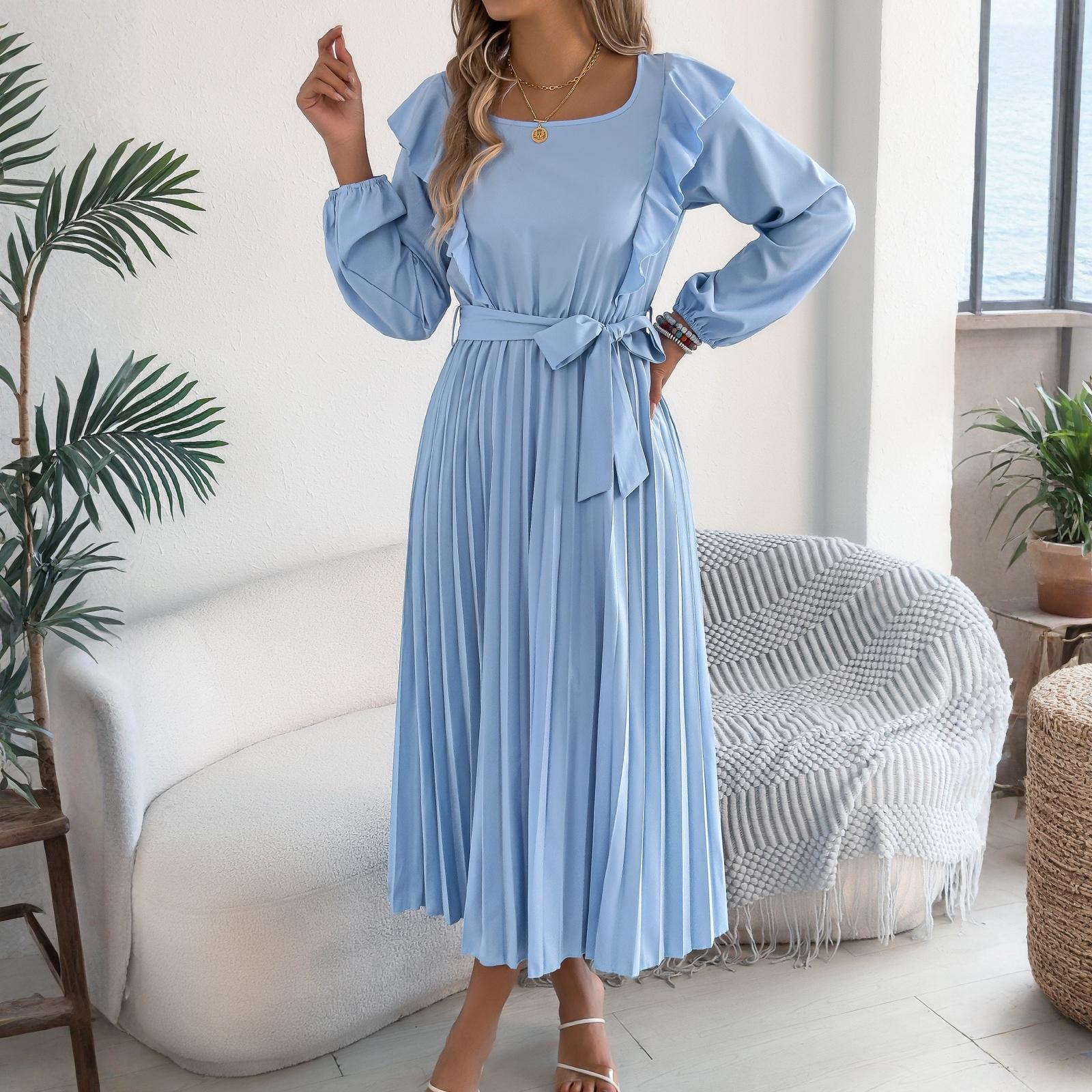 

Женское модное однотонное платье с лацканами, длинными рукавами и длинное L синий