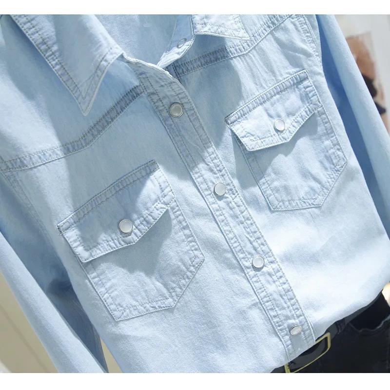 Damen Frühlings Langarm Denim Bluse Blau Revershemd
