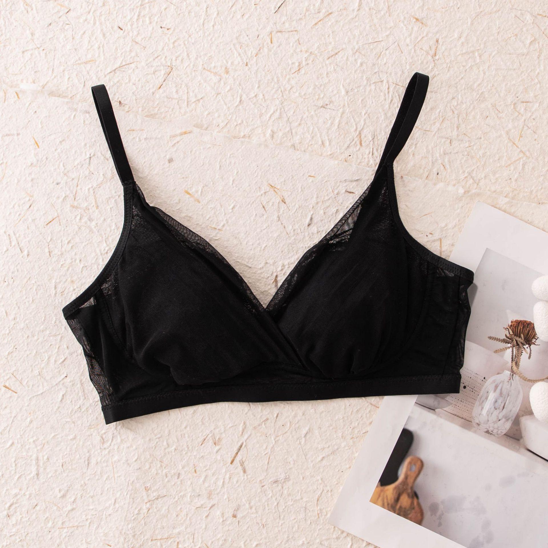 Spring and summer silk French triangle cup mulberry silk sexy rabbit cup big chest showing small mesh lace triangle cup M