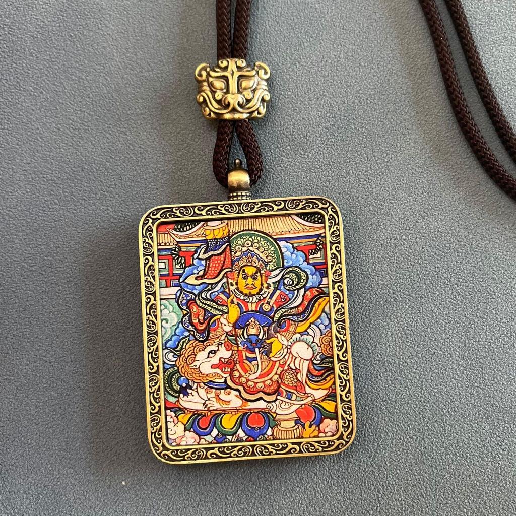 Thangka Pendant Necklace - Yellow & Black Guardian Buddha Amulet