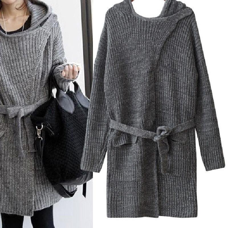 Korean autumn and winter women's clothing loose thick stick needle wool medium and long hooded thickened large sweater cardigan jacket