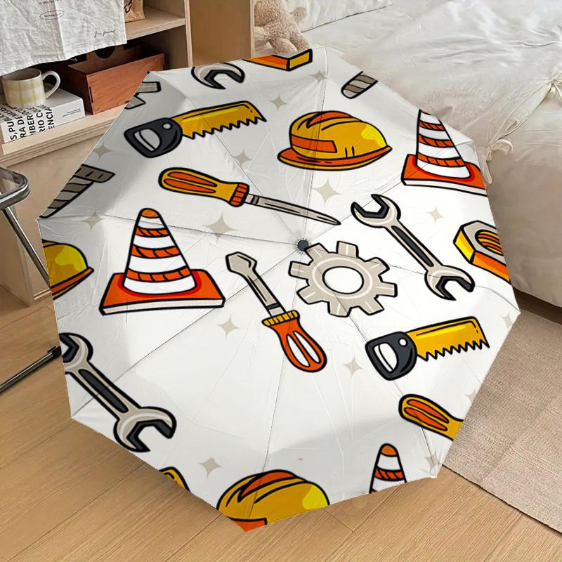 Construction Tools Pattern Automatic Opening Folding Umbrella - Portable 3-Fold Design with Iron Frame - Outdoor Rain Gear for Fans, Travele