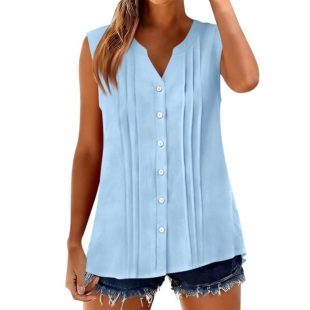 Sleeveless V Neck Button Down Blouse for Women with Pleated Front Design Casual Loose Fit Lightweight Top