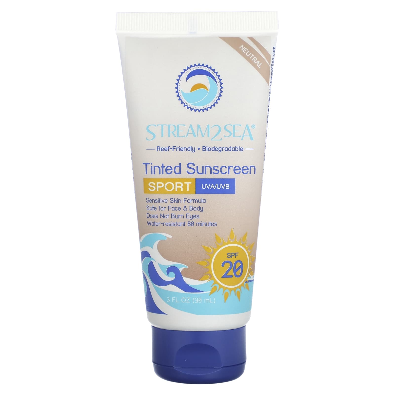 Stream2Sea, солнцезащитный тонированный крем, спортивный, SPF 20, нейтральный, без отдушек, 3 жидких унции (90 мл)