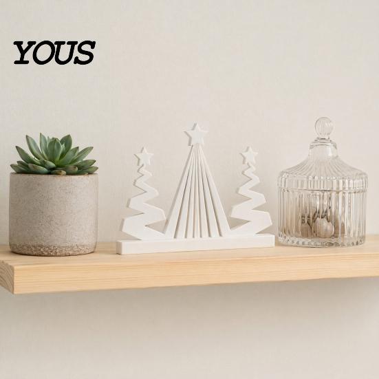 Small White Holiday Tree 3D Printed Abstract Christmas Figurine, Modern Minimalist Xmas Table Decor with Star Topper for Home, Office, Party
