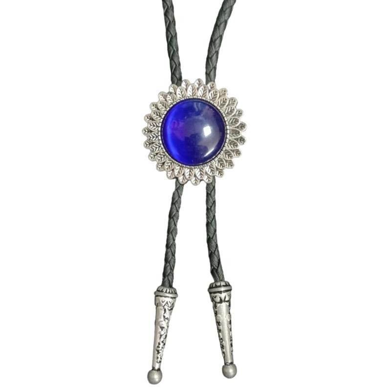 Engraving Flower Stone Bolo Tie Carved Necktie for Shirt Jeans Western Necklace Braided Shoestring Necktie Bolo Tie