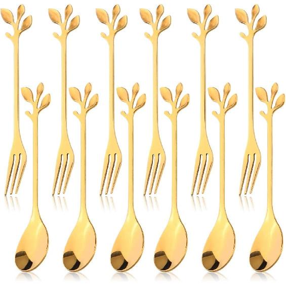 12pcs Stainless Steel Gold Leaf Coffee Spoon and Cake Fruit Forks Kitchen Accessory Wedding Party for Dessert, Salad, Appetizer, Spoon and Fork Set(6