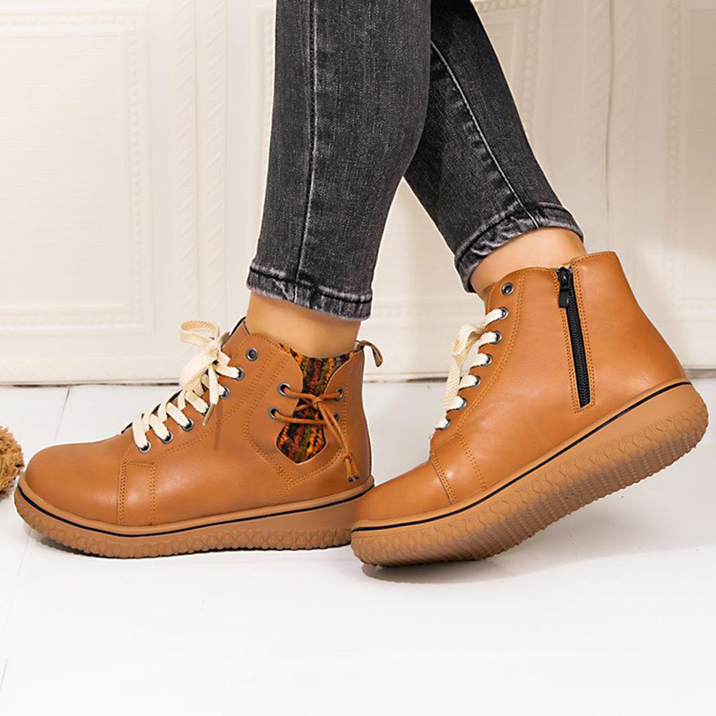 Casual Booots Women'S Fashionable Casual Versatile Round Toe Flat Low Top Lace Up Ankle Boots Leopard Boots For Women Low Heel