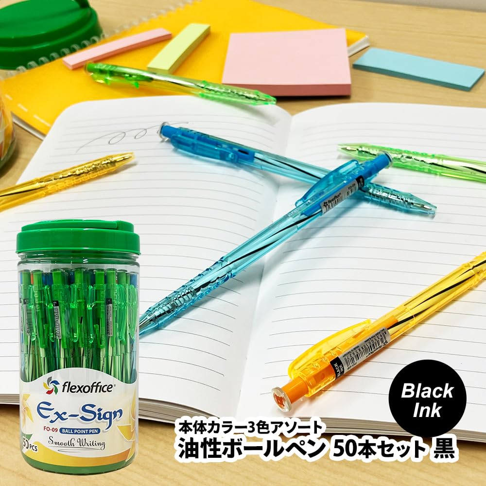 Flexoffice Ballpoint Set of Black 3 Colors For Business and Office Use Oil-Based Pens, 50, Ink, 0.5mm, (Blue, Green, Orange), Ultra-Smooth,