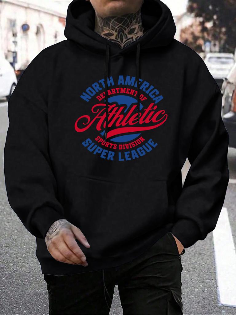 North America Athletic Art Letter Printing Hoodies Men Fleece Loose Streetwear All-Match Pocket Hoody Autumn Casual Clothing