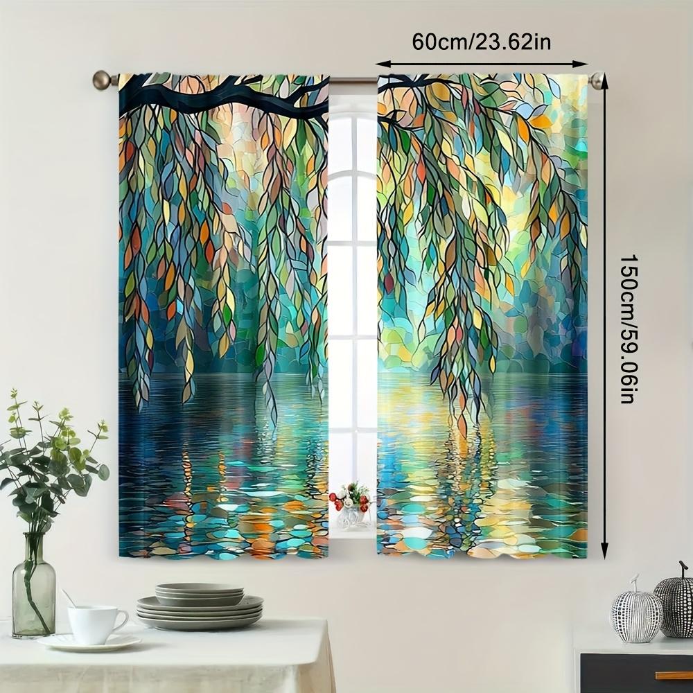 2pcs, All-Season Art Deco Style Curtains, Modern Willow Trees by River Stained Glass Pattern, Polyester, Perfect for Adding