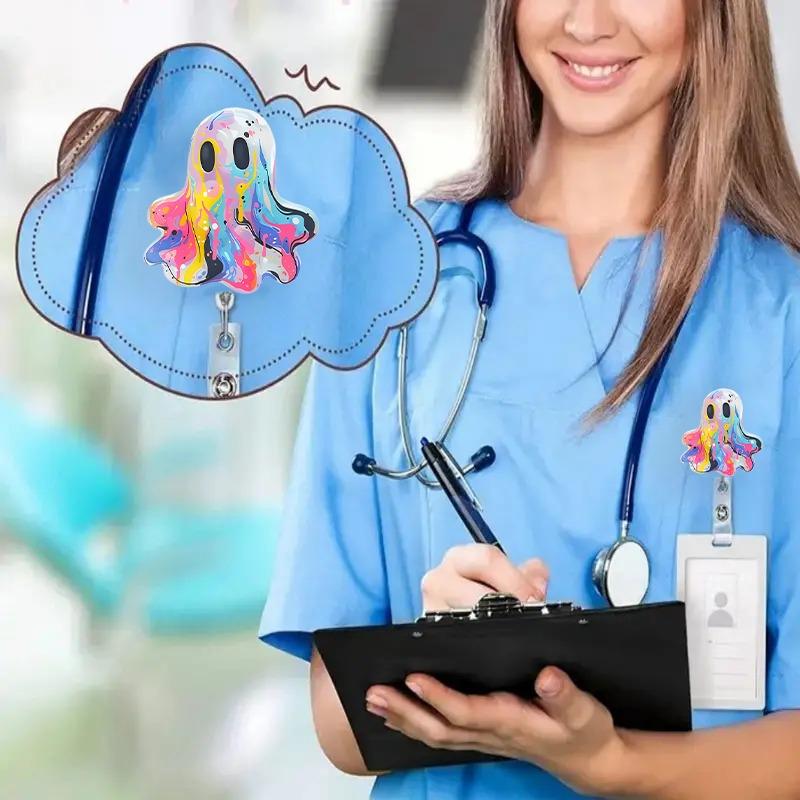 Cute Ghost Retractable Badge Reel, Perfect Halloween Accessory for Nurses, Teachers, and Office Staff.