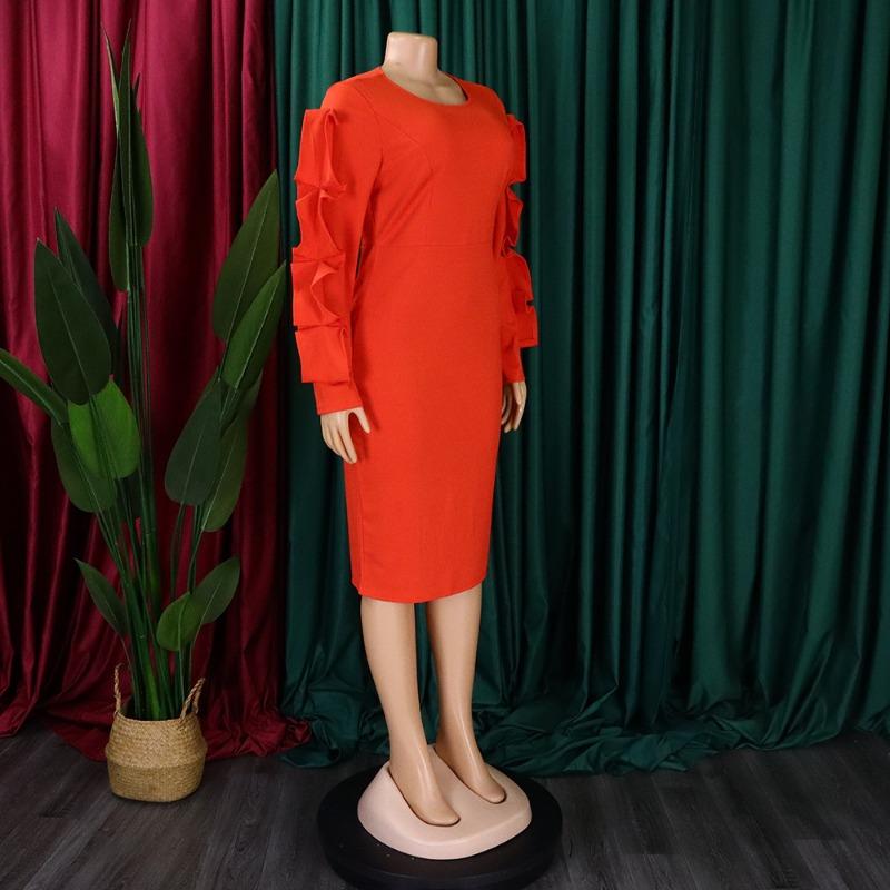 Plus Size Women Elegant Long Sleeve High Waist Solid Pencil Midi Dress