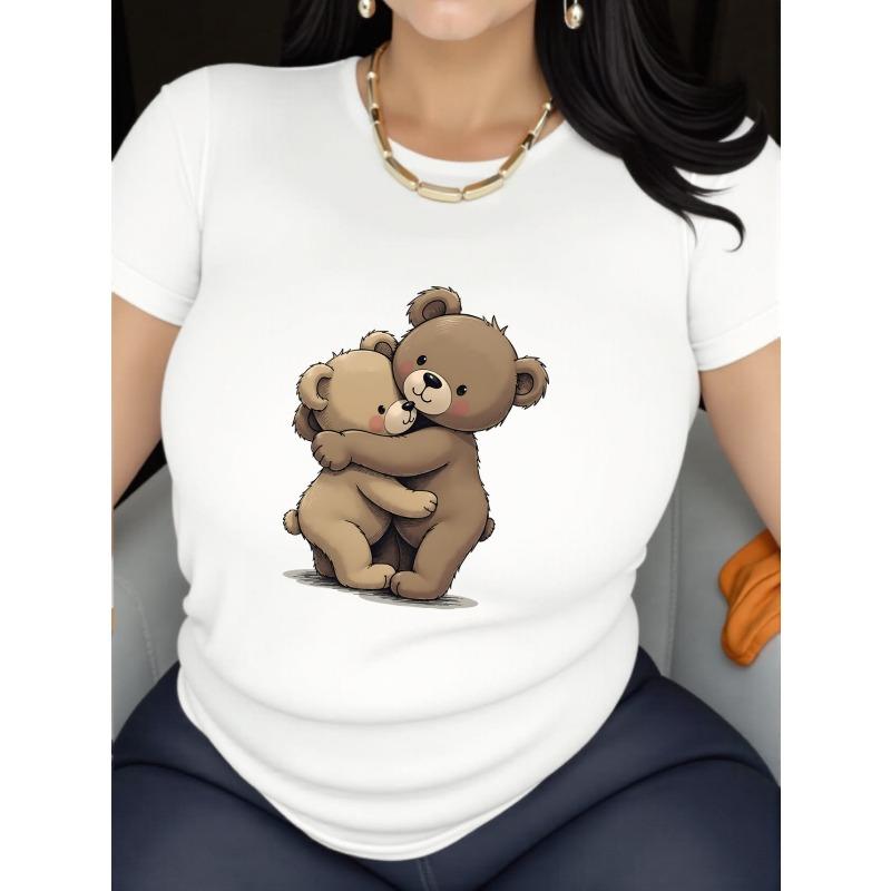 European Size Cute Bear Print T-Shirt - Soft Breathable Quick-Dry Short Sleeve Top with Bear Face & Paw Print - Casual Summer Outdoor Wear