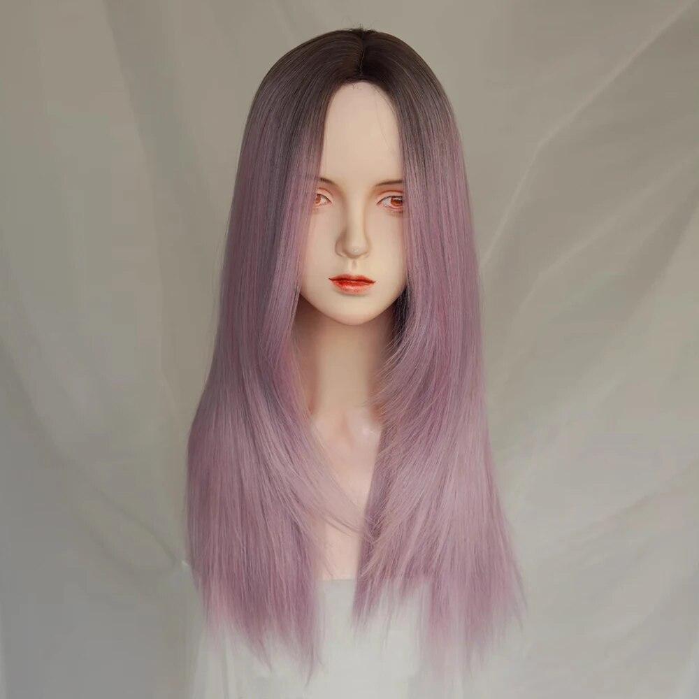 Perruque synthétique longue violette mixte avec raie au milieu pour femme, style Lolita, cheveux naturels et duveteux, résistante à la chaleur, idéale pour un usage quotidien ou une soirée.