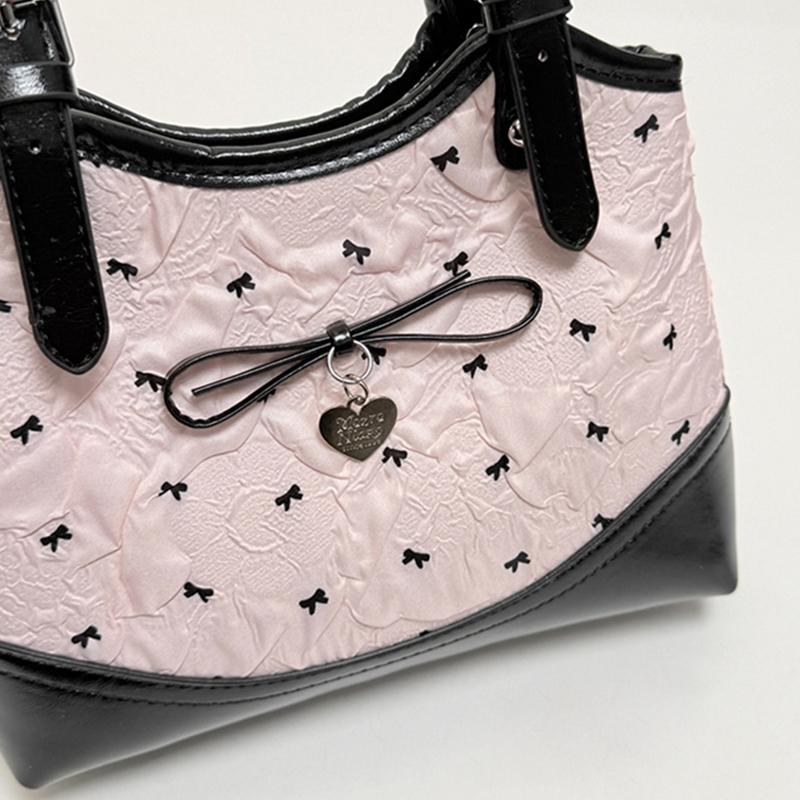 Korean Style Tote Bag With Bow & Heart Pendant Lolita Style Underarm Shoulder Bag Embossed Pattern Design Daily Commute Handbag