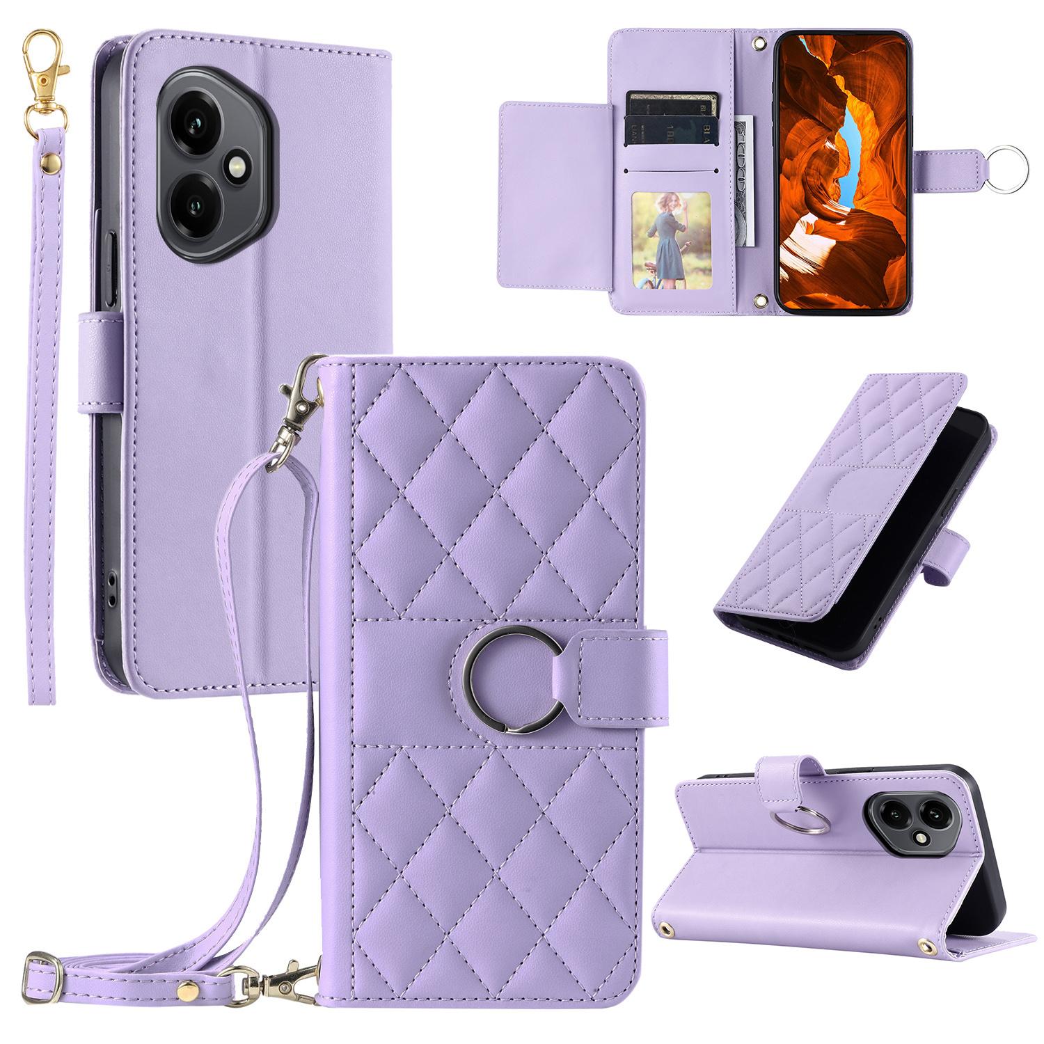 

For Honor 400 5G (Global) Case Ring Buckle Wallet Stand Rhombus Crossbody Leather Mobile Cover Purple