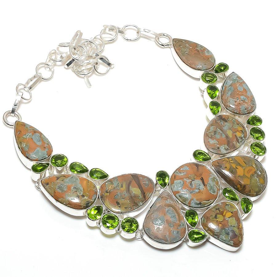 

Натуральный Фруктовый Яшма, Перидот 925 Стерлинговое Серебро Ювелирное Ожерелье 18 U9s02