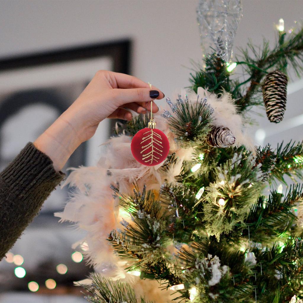 6Pcs Christmas Tree Hanging Ornaments Flocking Ball Pendant Festive Xmas Decor for Tree Home Party Hotel Mall Reusable