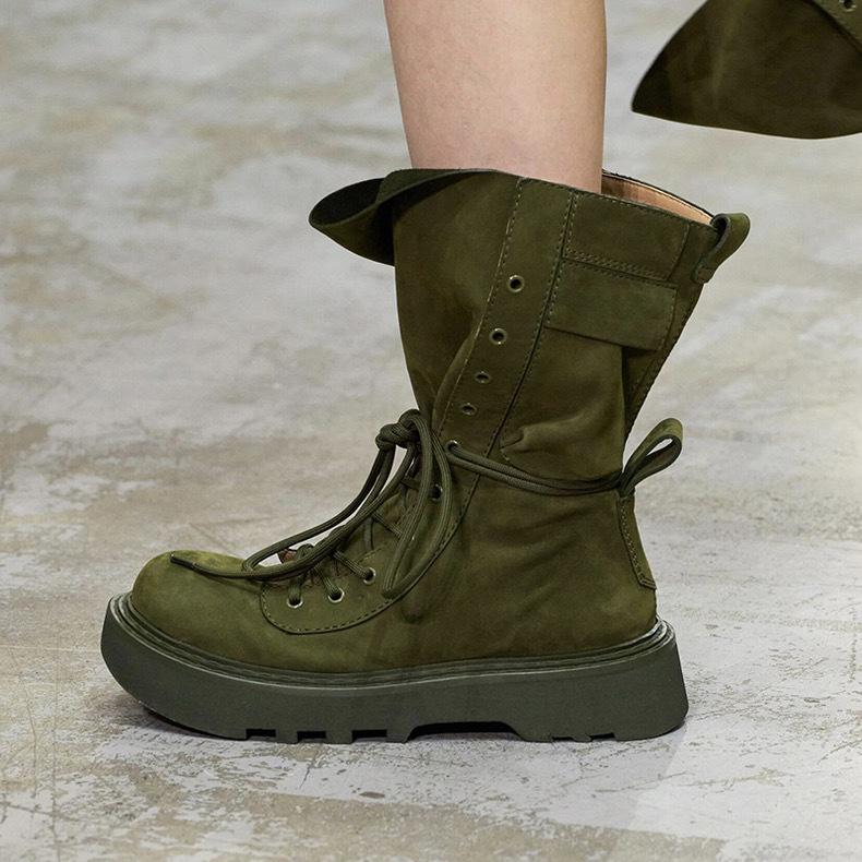 

British mid-tube Martin boots women s thick-soled heightened lace-up short boots new winter boots 40 армия зеленый