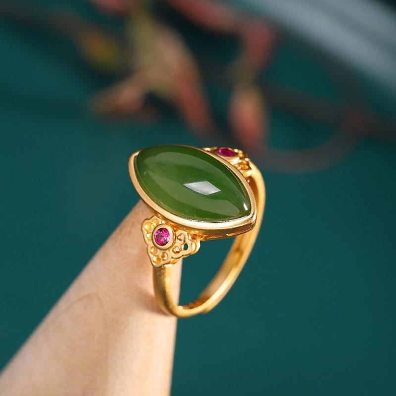 Adjustable Open Ring Women Men Vintage Style Copper With Faux Jade Inlay Geometric Cut Design