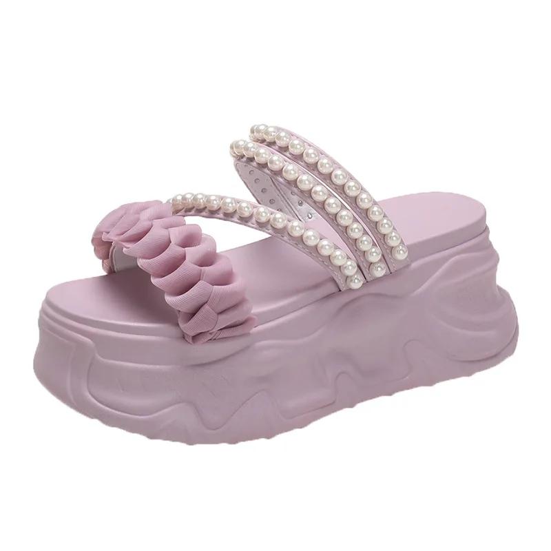 Fashion 8CM Summer Casual High Platform Sandals Women Buckle Strap Slippers Thick Bottom Pearl Sandalias Woman Chunky Beach Shoes Mujer