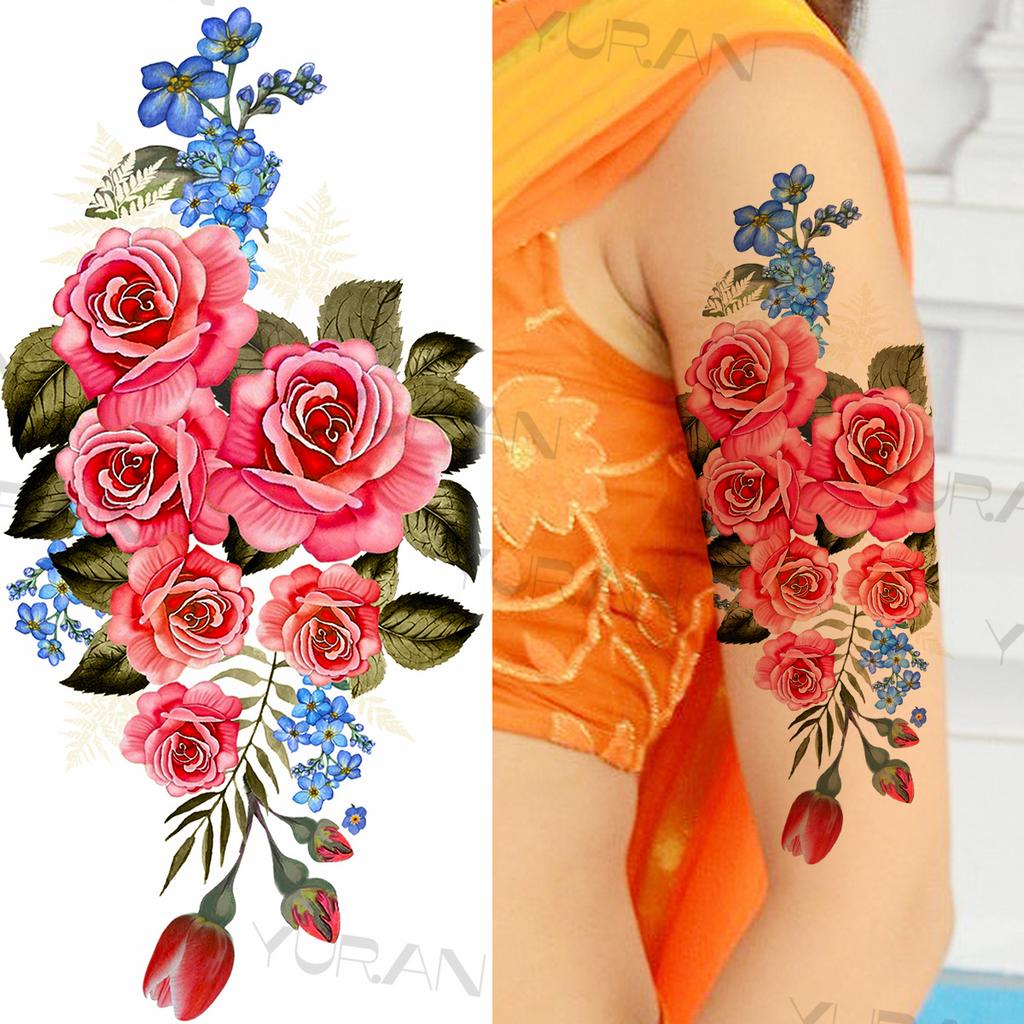 Large Colorful Rose Flower Temporary Tattoos For Girls Women Anchor Fake Gemstone Pendant Tattoo Paste Arm Body Tatoos Creative