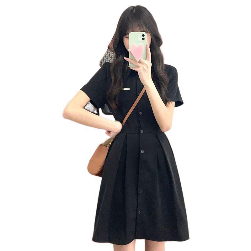 Black dress women's summer 2026 new Spice Girl bow polo collar small black dress waist thin shirt skirt